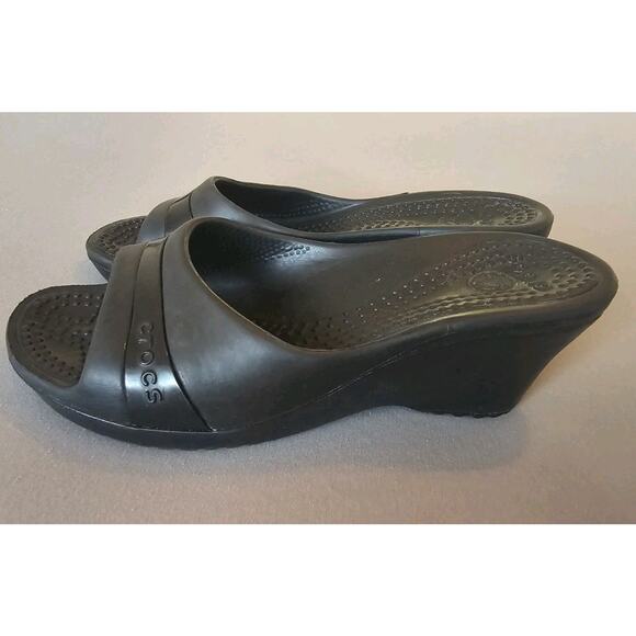 Crocs Sassari Shoes Wedge Heels Size 7 Open Toe Slide Sandals Black - Picture 1 of 6